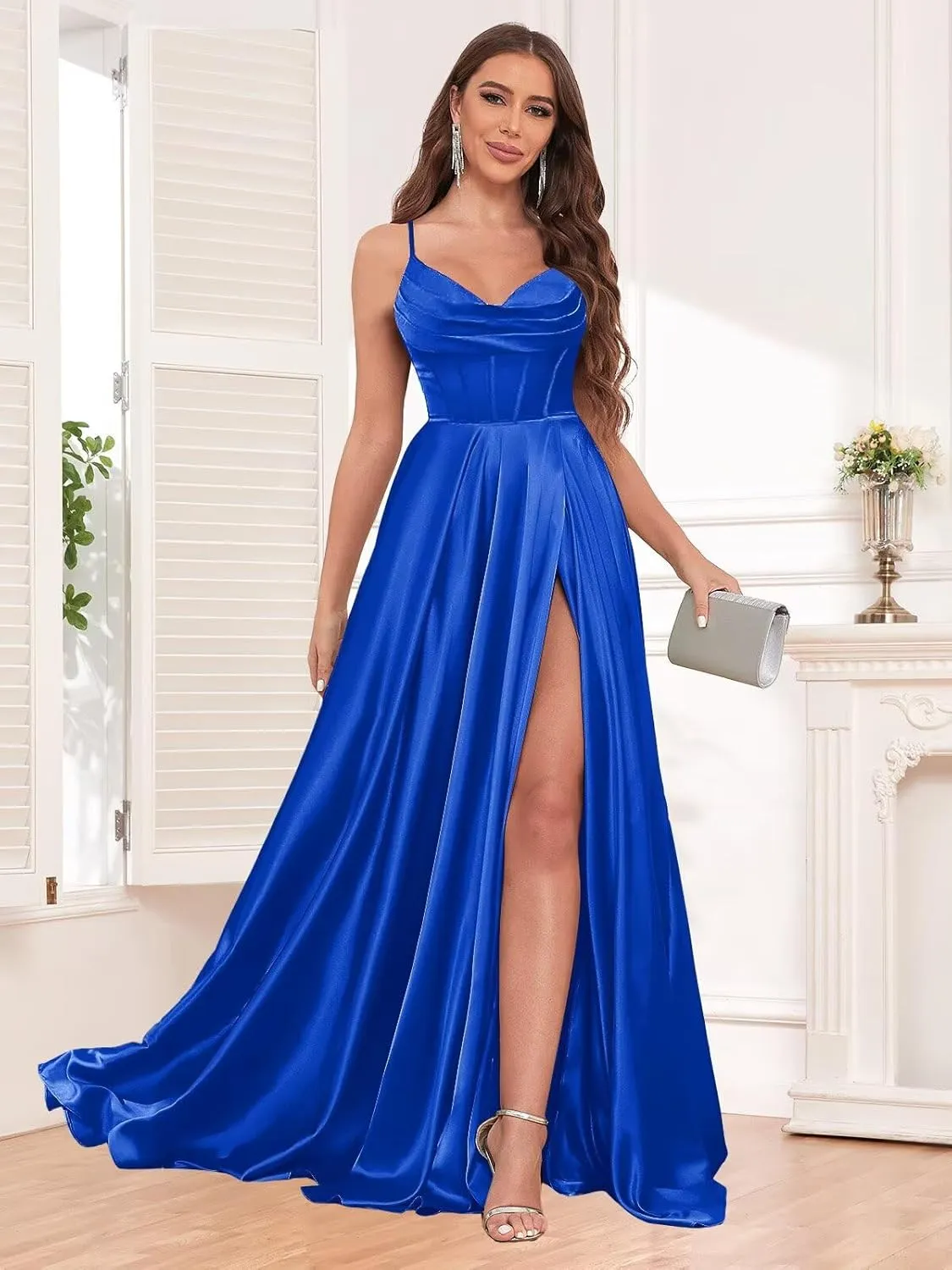 Spaghetti Straps Prom Dresses for Women with Slit Pockets Pleated A-Line Satin Corset Formal Party Gown