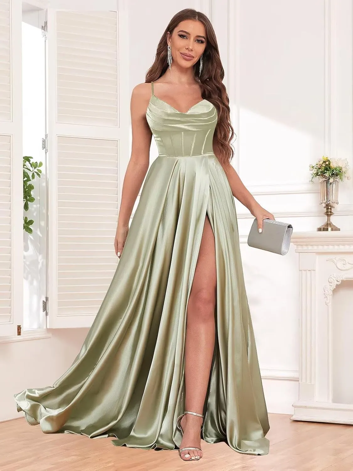 Spaghetti Straps Prom Dresses for Women with Slit Pockets Pleated A-Line Satin Corset Formal Party Gown