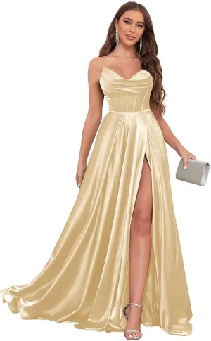 Spaghetti Straps Prom Dresses for Women with Slit Pockets Pleated A-Line Satin Corset Formal Party Gown