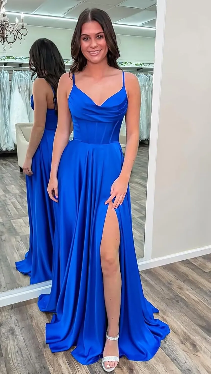 Spaghetti Straps Prom Dresses for Women with Slit Pockets Pleated A-Line Satin Corset Formal Party Gown