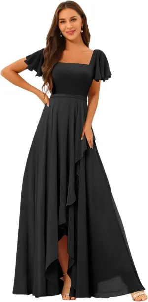 Square Neck Bridesmaid Dresses for Women Short Sleeves Pleated Chiffon Long Formal Evening Dress KY027