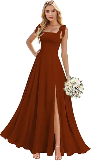 Square Neck Chiffon Bridesmaid Dresses with Slit Long Formal Party Gowns for Wedding Guest Gown