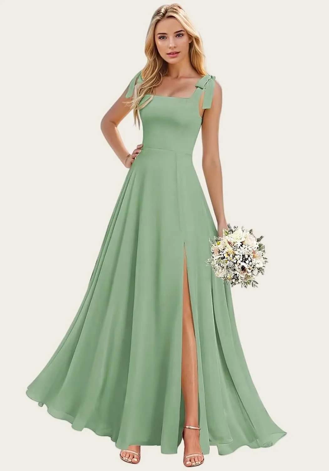 Square Neck Chiffon Bridesmaid Dresses with Slit Long Formal Party Gowns for Wedding Guest Gown