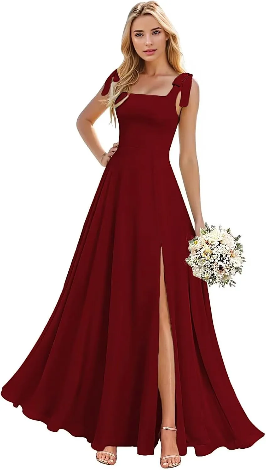 Square Neck Chiffon Bridesmaid Dresses with Slit Long Formal Party Gowns for Wedding Guest Gown