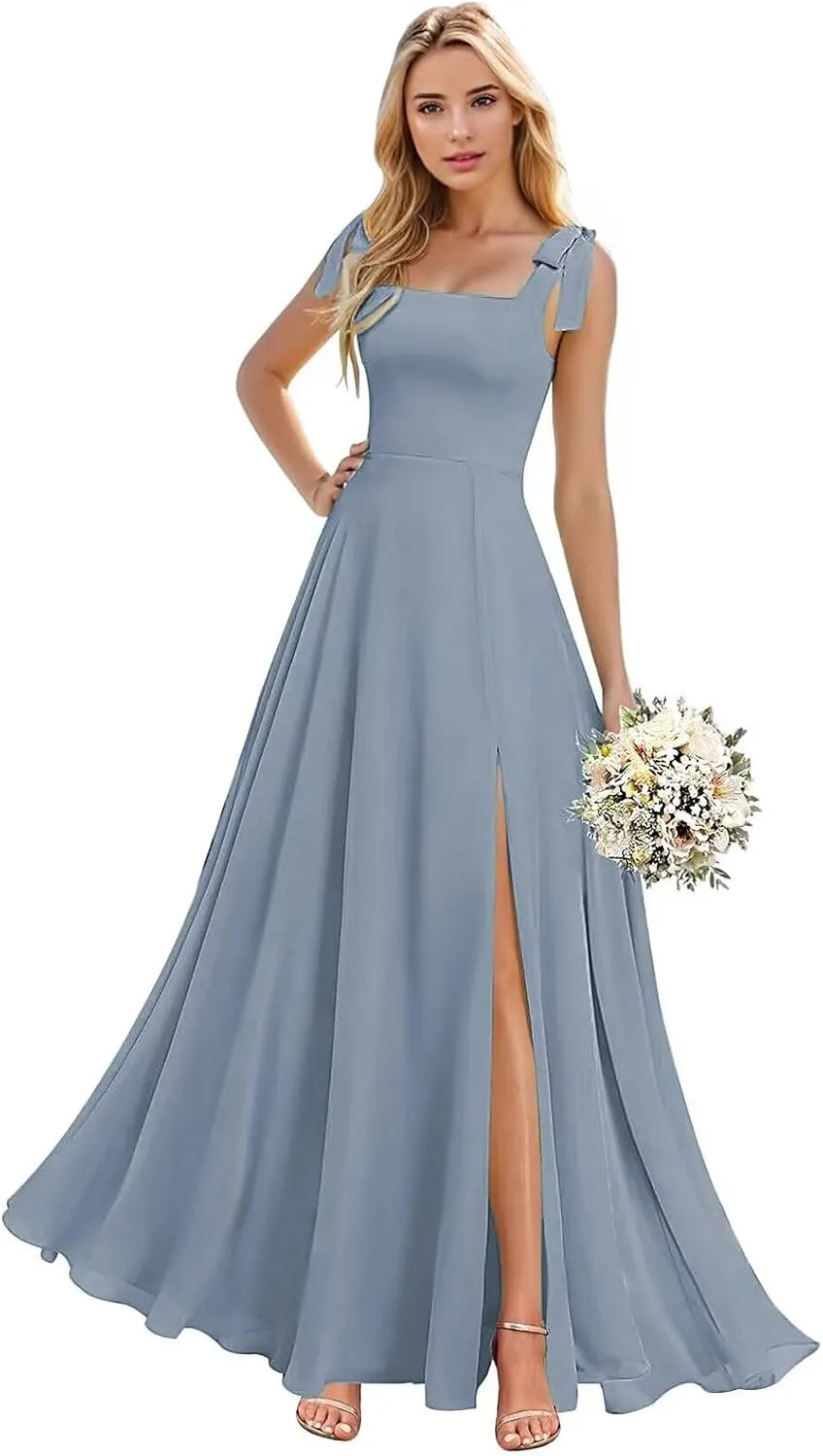 Square Neck Chiffon Bridesmaid Dresses with Slit Long Formal Party Gowns for Wedding Guest Gown