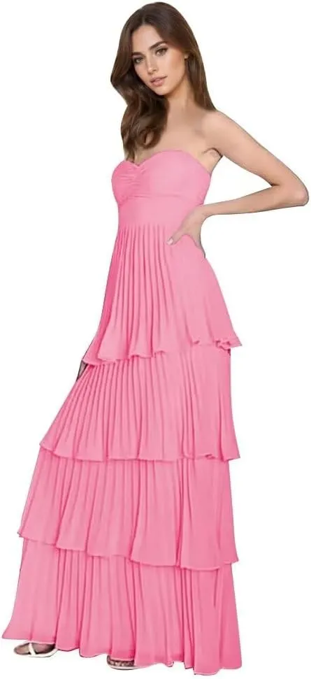 Strapless Tiered Prom Dress Chiffon Ruffle Bridesmaid Dresses for Wedding Long A-Line Formal Evening Gown