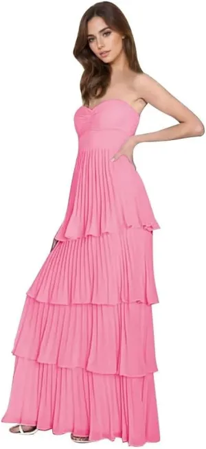 Strapless Tiered Prom Dress Chiffon Ruffle Bridesmaid Dresses for Wedding Long A-Line Formal Evening Gown