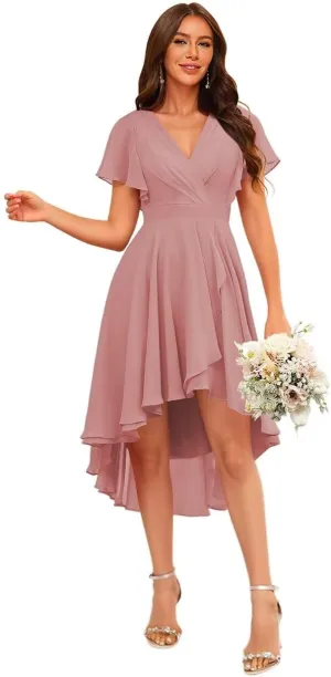 Stylefun Women's V Neck Flutter Sleeves Bridesmaid Dresses A Line High Low Formal Party Dress CYM240