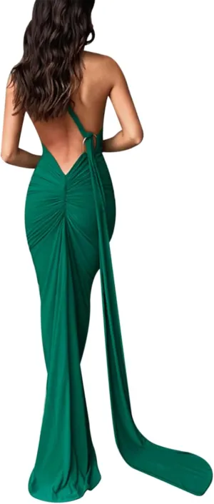 Suillty Women's Sexy Oblique Shoulder Backless Maxi Dress Ruched Back Strap Sleeveless Party Club Long Dresses Bodycon