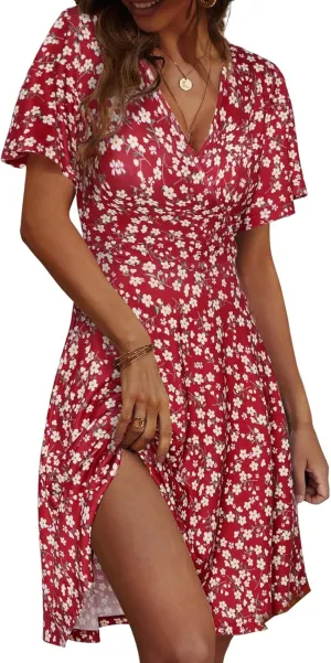 Summer Boho Dresses for Women Trendy Floral Print V Neck Short Sleeve Mini Dress Flowy Color Block Beach Sundress