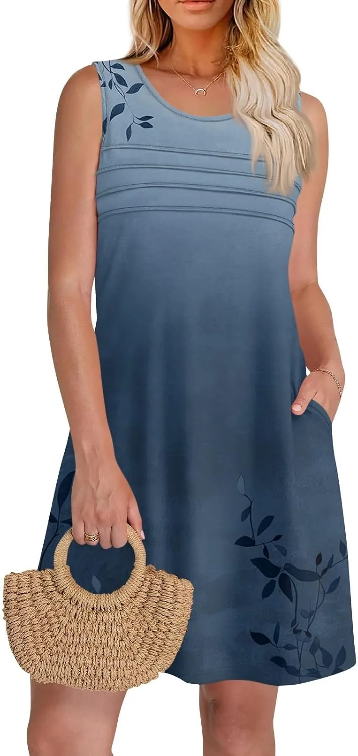 Summer Dresses for Women 2025 Floral Loose Pleated Front Tank Dress O Neck Casual T Shirt Dresses Sleeveless Sundresses