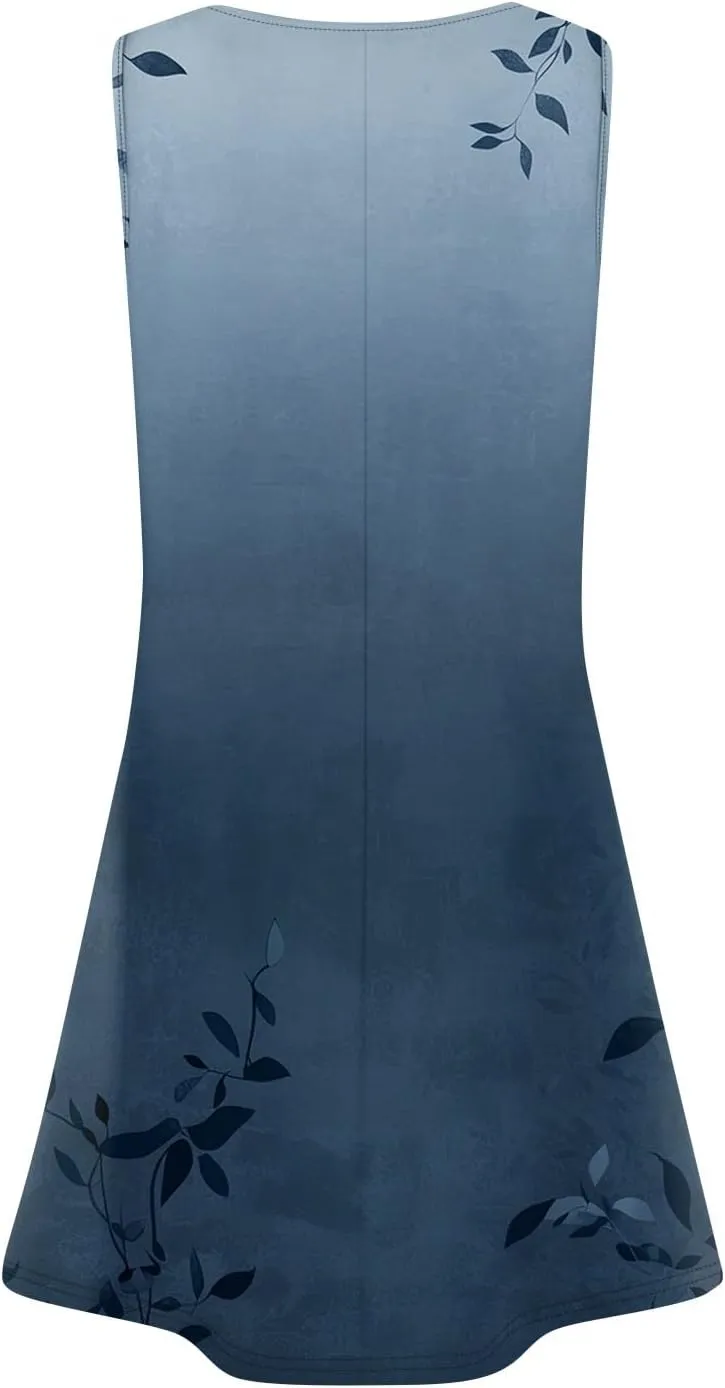 Summer Dresses for Women 2025 Floral Loose Pleated Front Tank Dress O Neck Casual T Shirt Dresses Sleeveless Sundresses