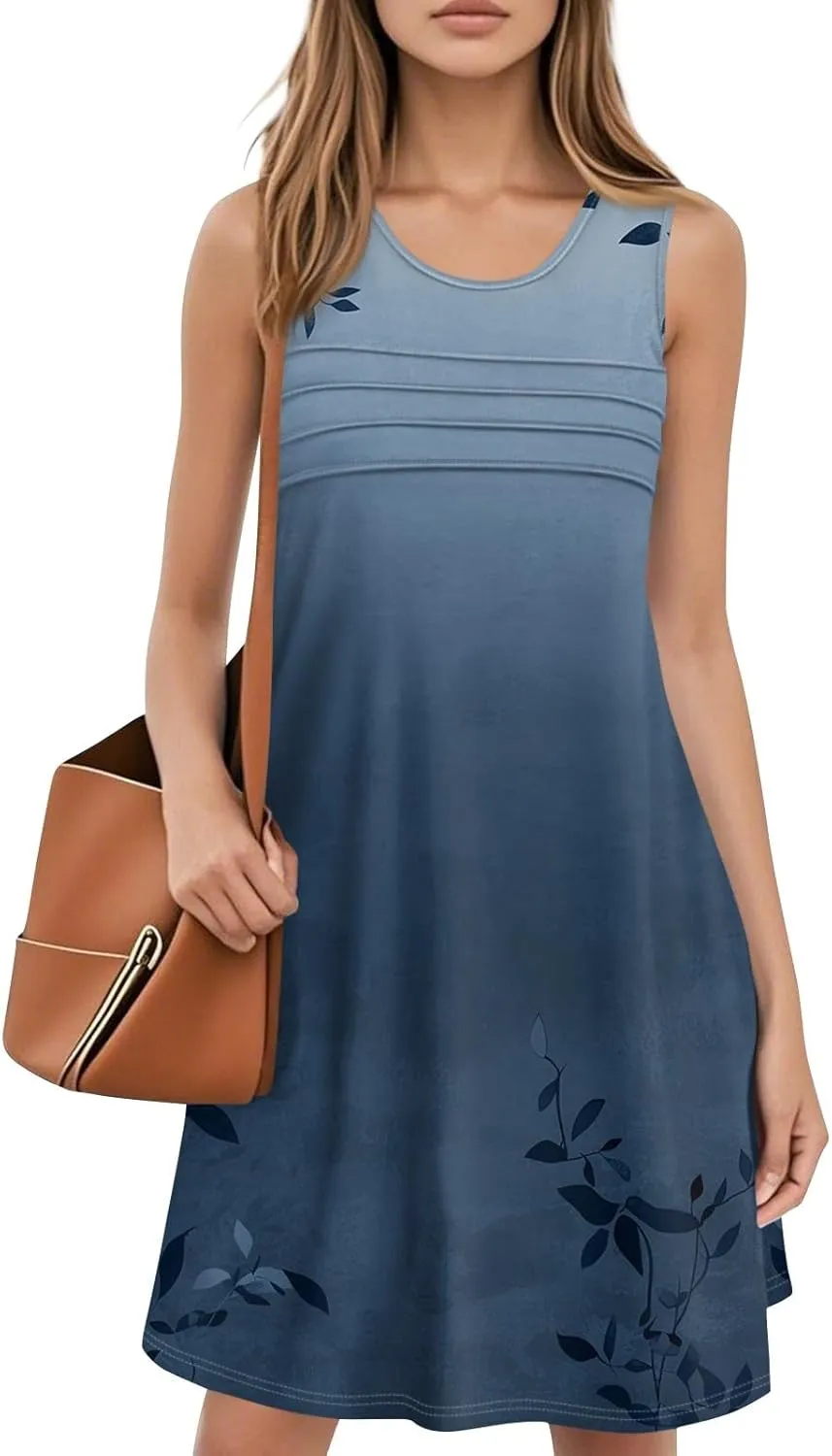 Summer Dresses for Women 2025 Floral Loose Pleated Front Tank Dress O Neck Casual T Shirt Dresses Sleeveless Sundresses