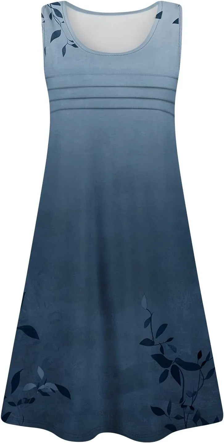 Summer Dresses for Women 2025 Floral Loose Pleated Front Tank Dress O Neck Casual T Shirt Dresses Sleeveless Sundresses