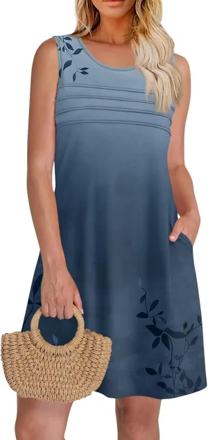 Summer Dresses for Women 2025 Floral Loose Pleated Front Tank Dress O Neck Casual T Shirt Dresses Sleeveless Sundresses