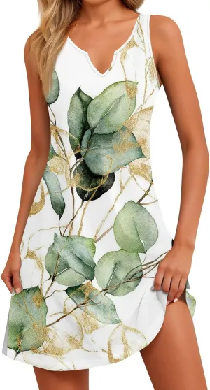 Summer Dresses for Women 2025 Loose V Neck Sundresses Sleeveless Tank Dress Beach Casual Floral Print Dress with Split