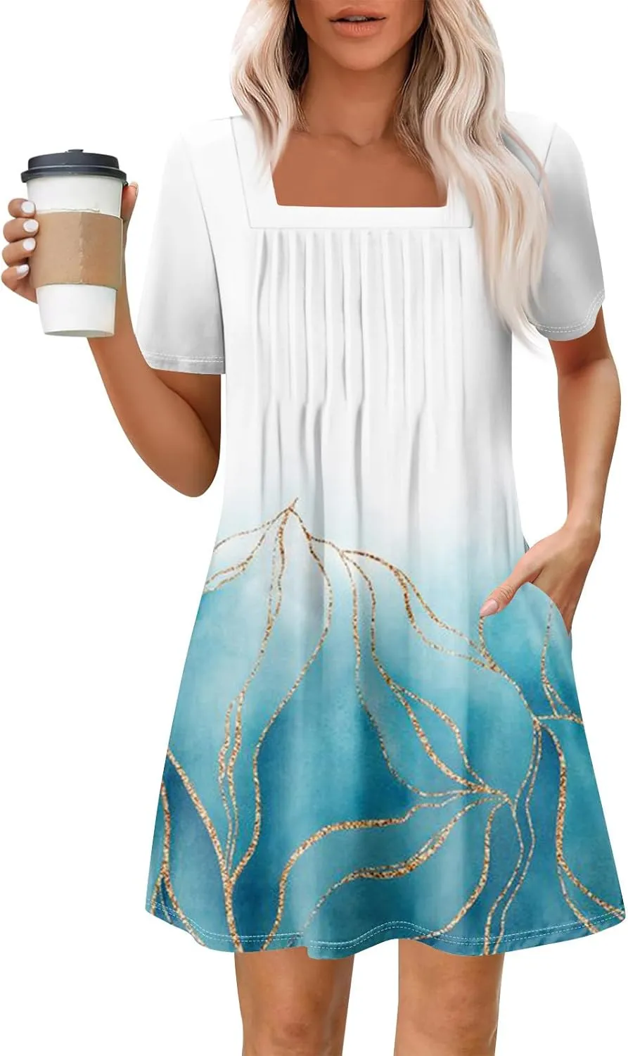 Summer Dresses for Women 2025 Square Neck Pleated Front Mini Dress Boho Floral Printed Beach Party Sundress
