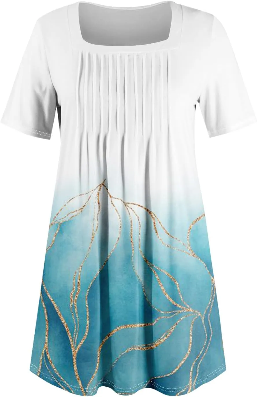 Summer Dresses for Women 2025 Square Neck Pleated Front Mini Dress Boho Floral Printed Beach Party Sundress