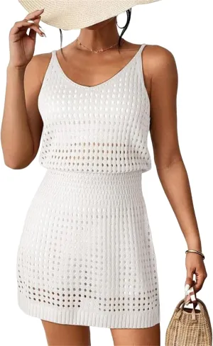 Summer Dresses for Women Crochet Hollow Out Knit Dress Cover Up Cruise Bathing Swimsuits Sleeveless Pullover Dress