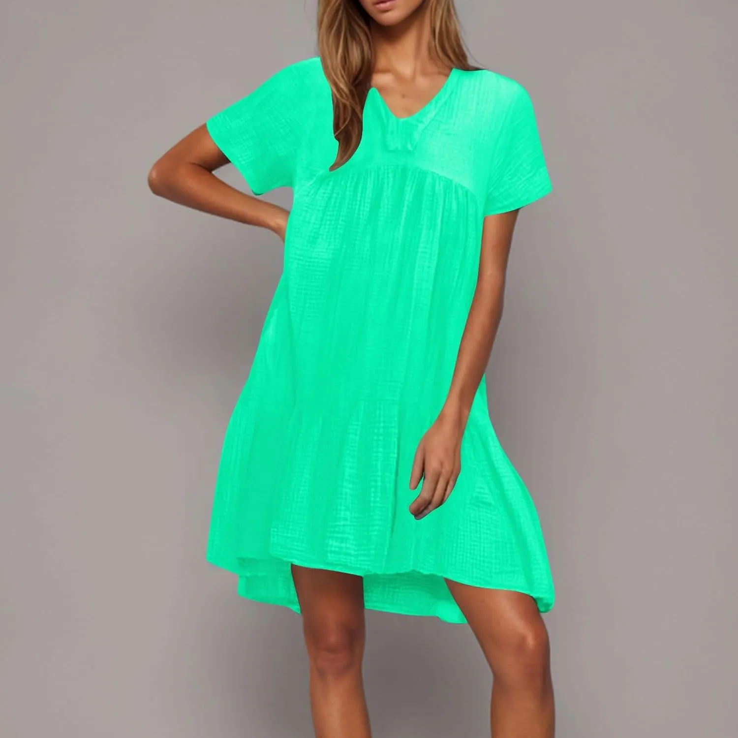 Summer Mini Dress for Women Wedding Guest Dresses Short Sleeve V Neck Beach Vacation Patchwork Sundress with Pockets