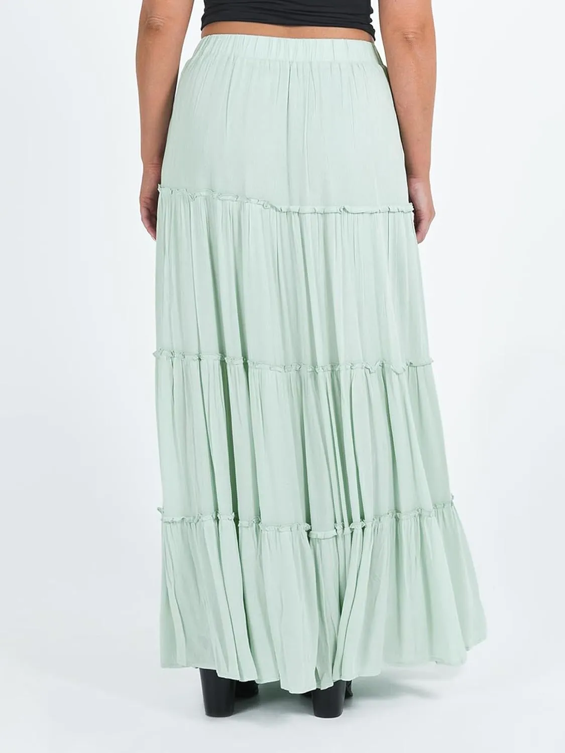 Sunloudy Women Elastic High Waist Flowy Long Skirt Boho Pleated A-Line Swing Tiered Maxi Skirt Sweetwear