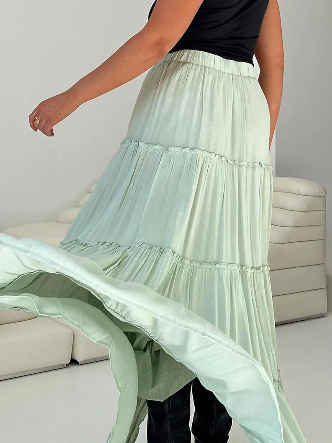 Sunloudy Women Elastic High Waist Flowy Long Skirt Boho Pleated A-Line Swing Tiered Maxi Skirt Sweetwear