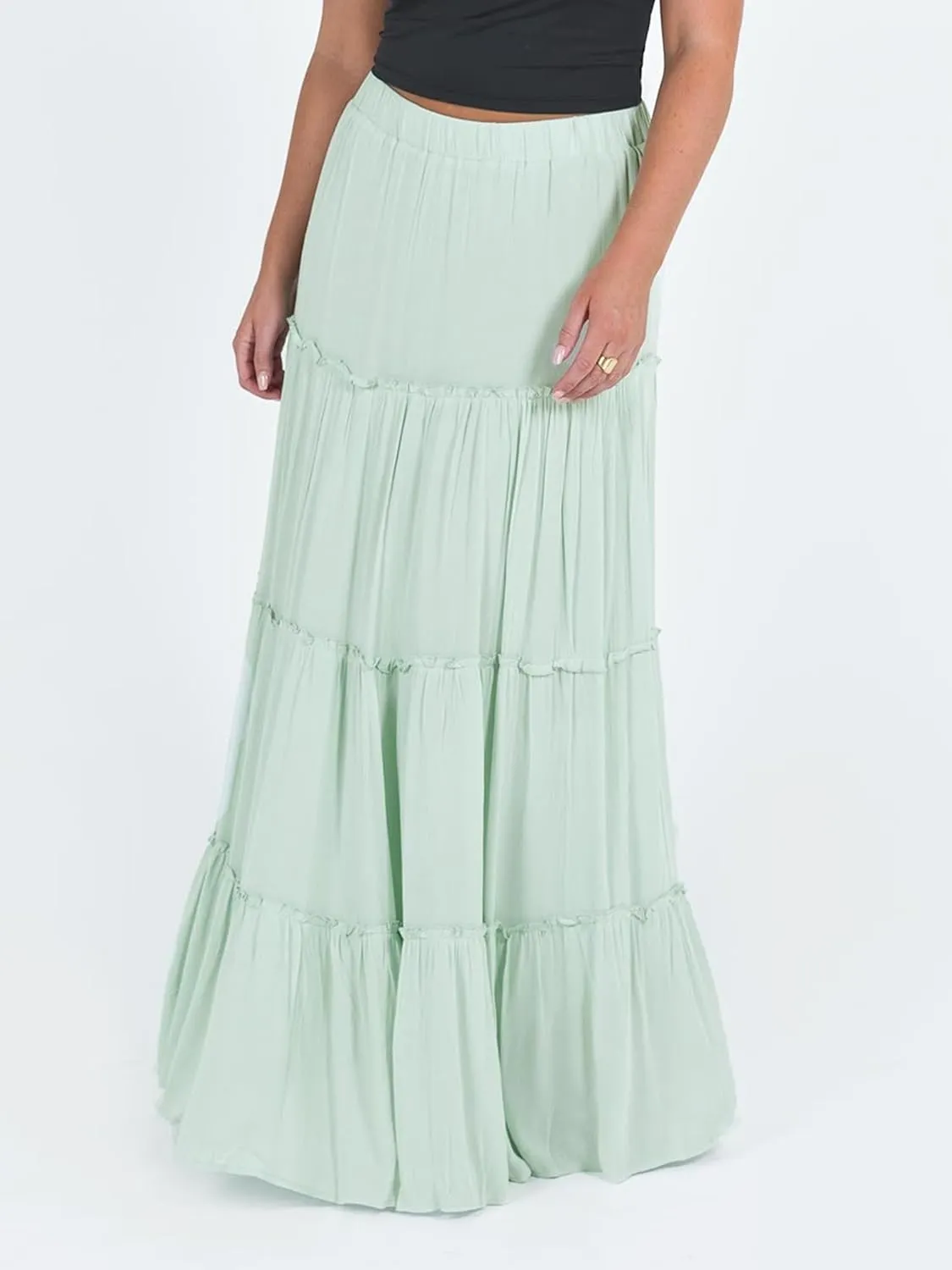 Sunloudy Women Elastic High Waist Flowy Long Skirt Boho Pleated A-Line Swing Tiered Maxi Skirt Sweetwear