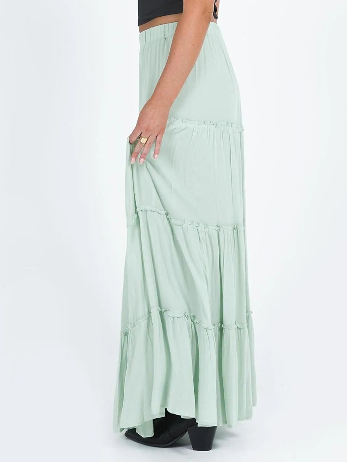 Sunloudy Women Elastic High Waist Flowy Long Skirt Boho Pleated A-Line Swing Tiered Maxi Skirt Sweetwear