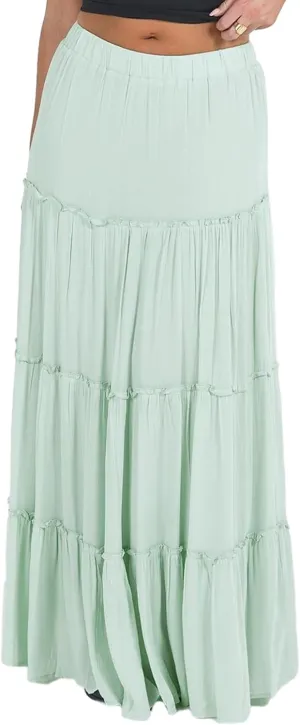 Sunloudy Women Elastic High Waist Flowy Long Skirt Boho Pleated A-Line Swing Tiered Maxi Skirt Sweetwear