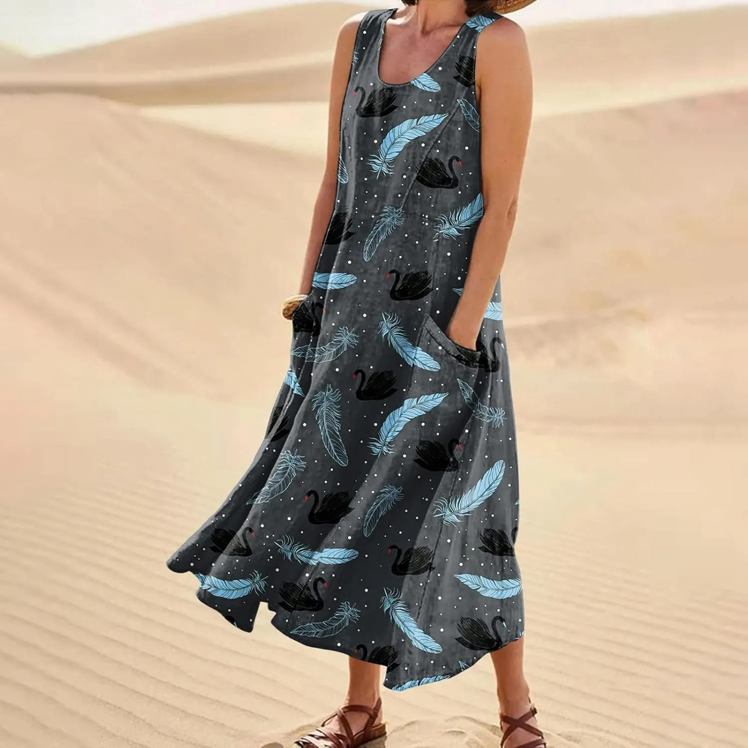 Tank Maxi Dress for Women with Pockets Summer Beach Dresses Casual Loose Fit Cotton Flowy Sundress Plus Size