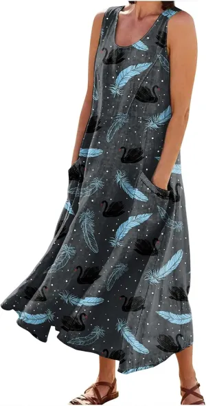 Tank Maxi Dress for Women with Pockets Summer Beach Dresses Casual Loose Fit Cotton Flowy Sundress Plus Size