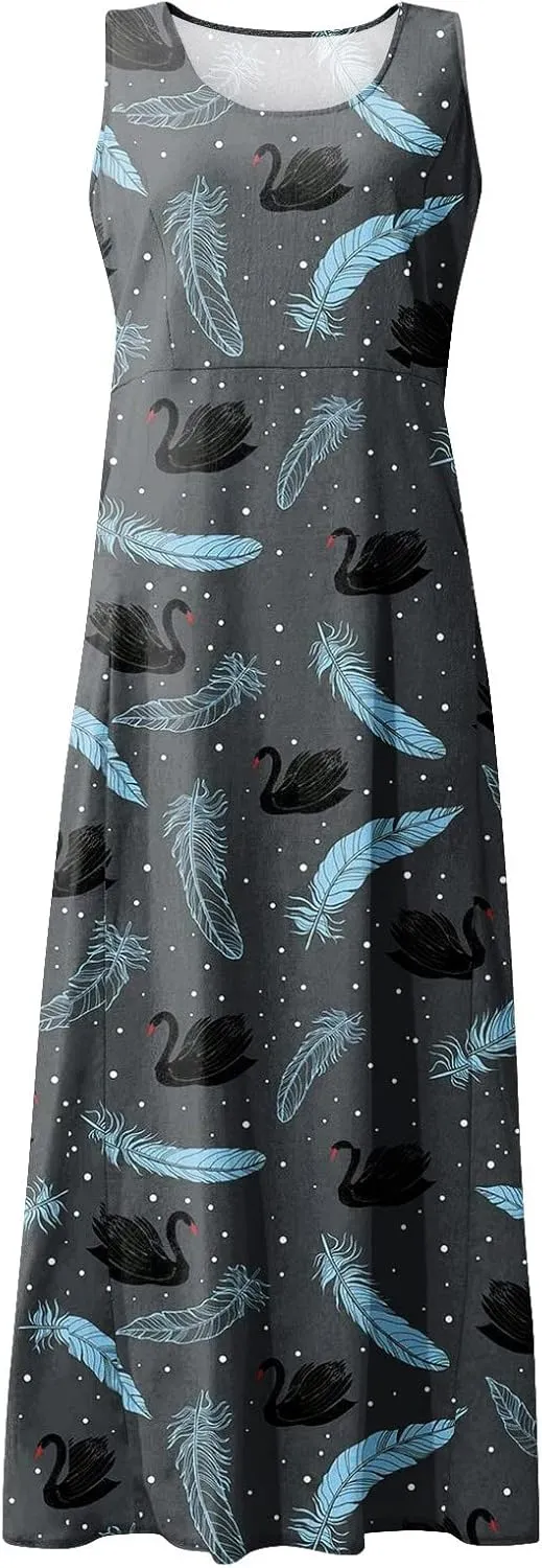 Tank Maxi Dress for Women with Pockets Summer Beach Dresses Casual Loose Fit Cotton Flowy Sundress Plus Size