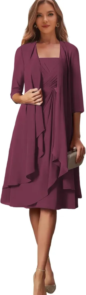 Tea Length Mother of The Bride Dresses for Wedding Desert Rose Formal Dress with Sleeves Chiffon Evening Gown Size 10