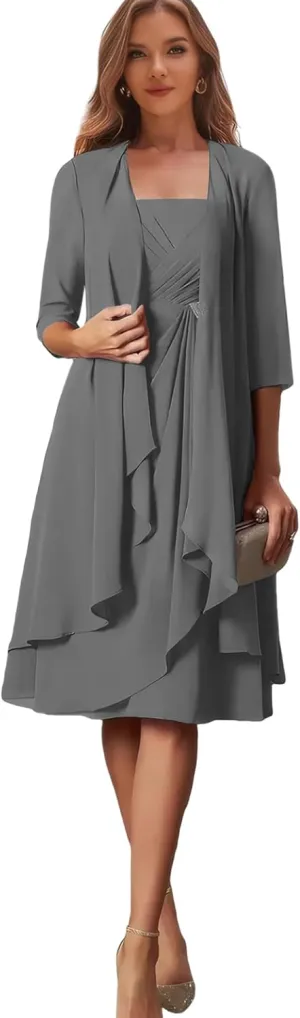 Tea Length Mother of The Bride Dresses for Wedding Grey Formal Dress with Sleeves Chiffon Evening Gown Size 10