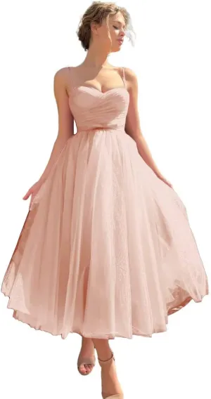Tea Length Tulle Prom Dresses for Women 2025 A Line Midi Formal Party Gonws with Pockets PA372
