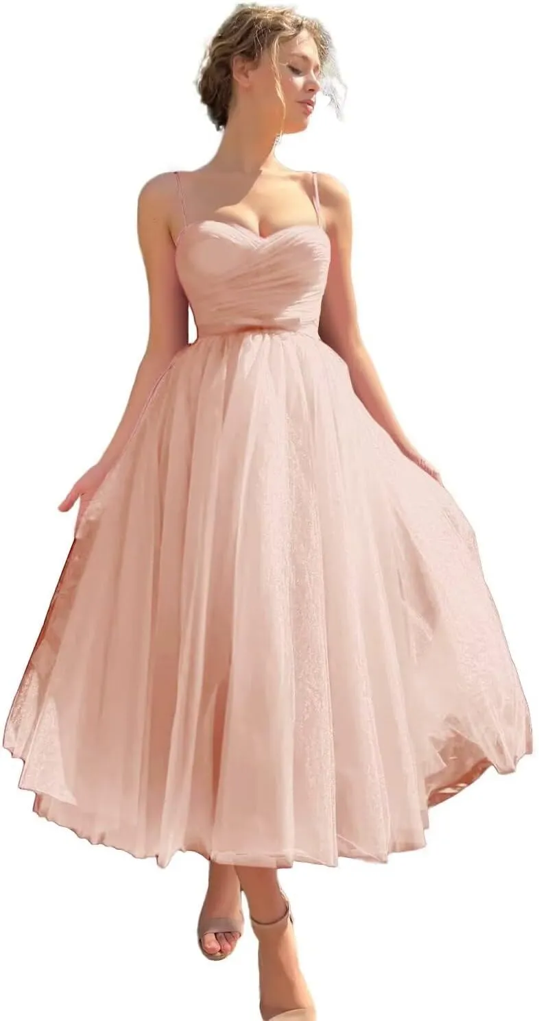 Tea Length Tulle Prom Dresses for Women 2025 A Line Midi Formal Party Gonws with Pockets PA372