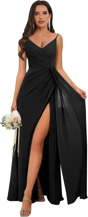 TORYEMY Chiffon V Neck Bridesmaid Dresses Long with Slit Spaghetti Straps Formal Evening Dresses for Wedding