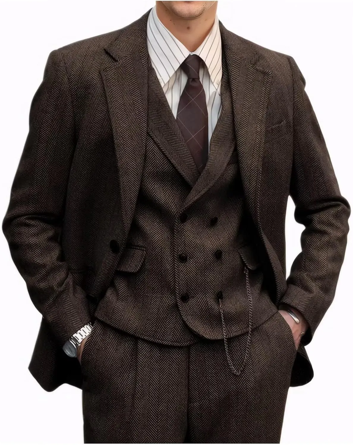 Tweed Herringbone Men Suit 3 Piece Suits for Men Formal 2 Button Wool Jacket Dress Suit Vest Pants Mens Wedding Prom Tuxedo