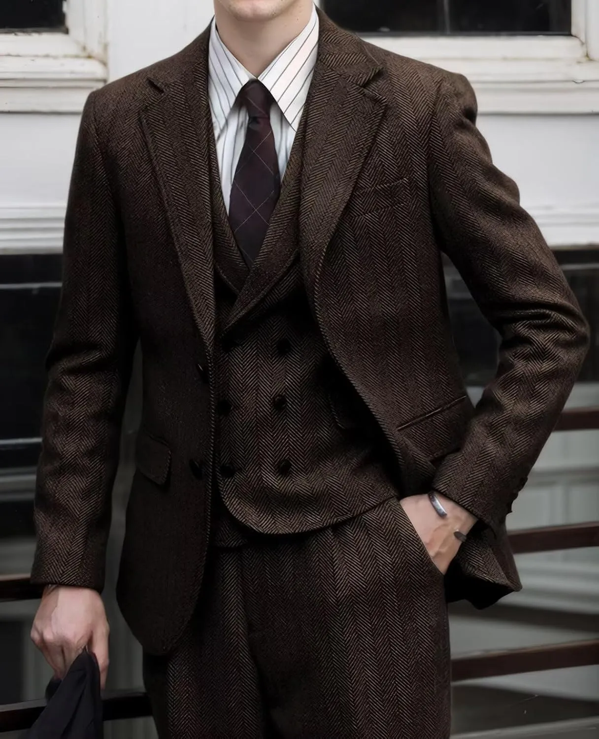 Tweed Herringbone Men Suit 3 Piece Suits for Men Formal 2 Button Wool Jacket Dress Suit Vest Pants Mens Wedding Prom Tuxedo