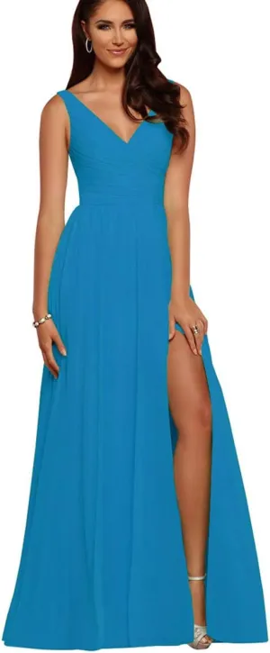 V Neck Bridesmaid Dresses Long Split Chiffon Pleated Wedding Evening Prom Gown for Women Blue Size 10