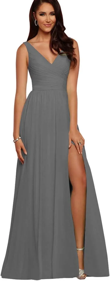 V Neck Bridesmaid Dresses Long Split Chiffon Pleated Wedding Evening Prom Gown for Women Grey Size 8