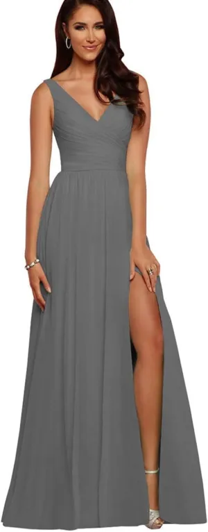 V Neck Bridesmaid Dresses Long Split Chiffon Pleated Wedding Evening Prom Gown for Women Grey Size 8