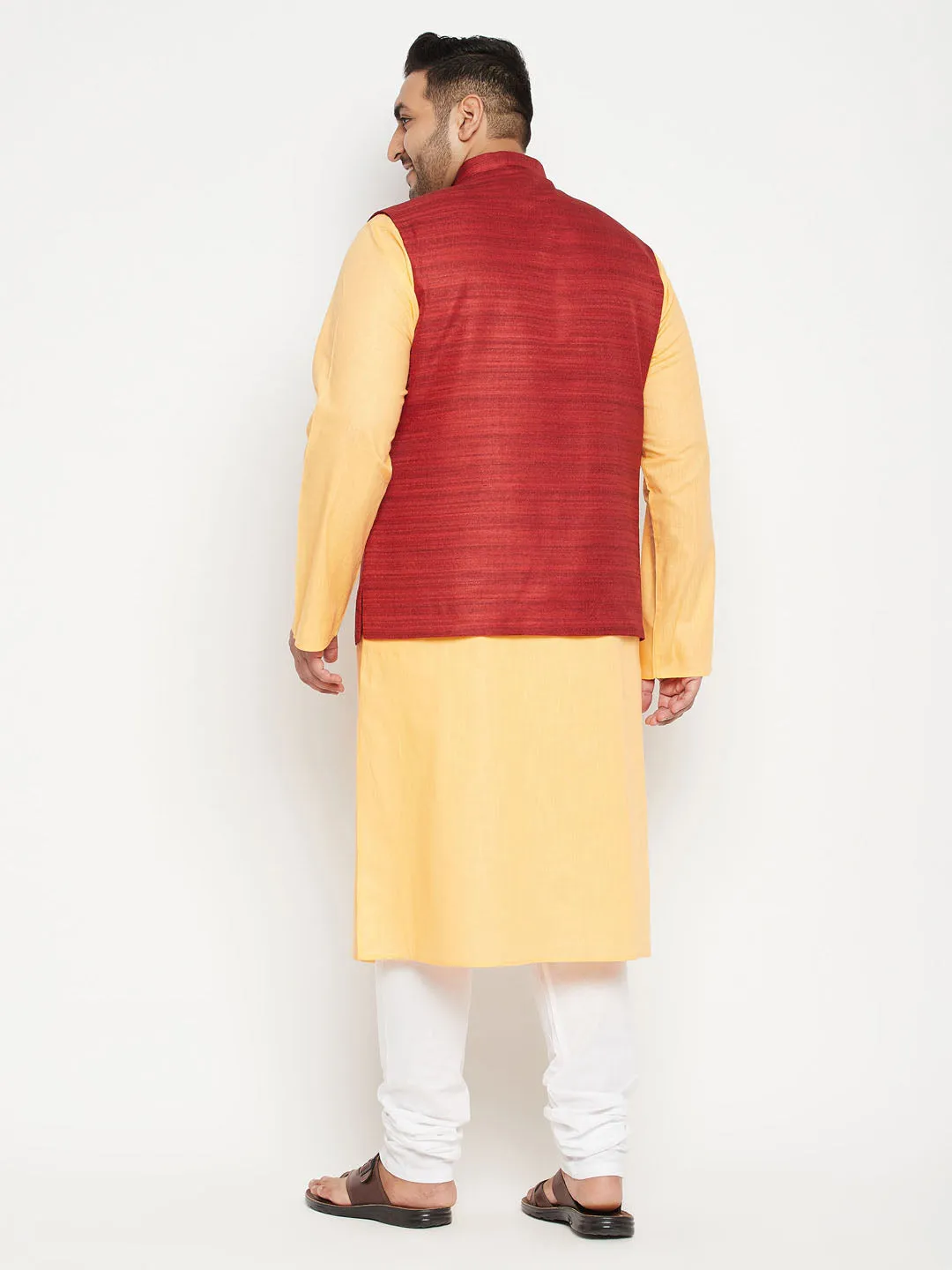 VASTRAMAY Men's Fawn Maroon Jacket Kurta