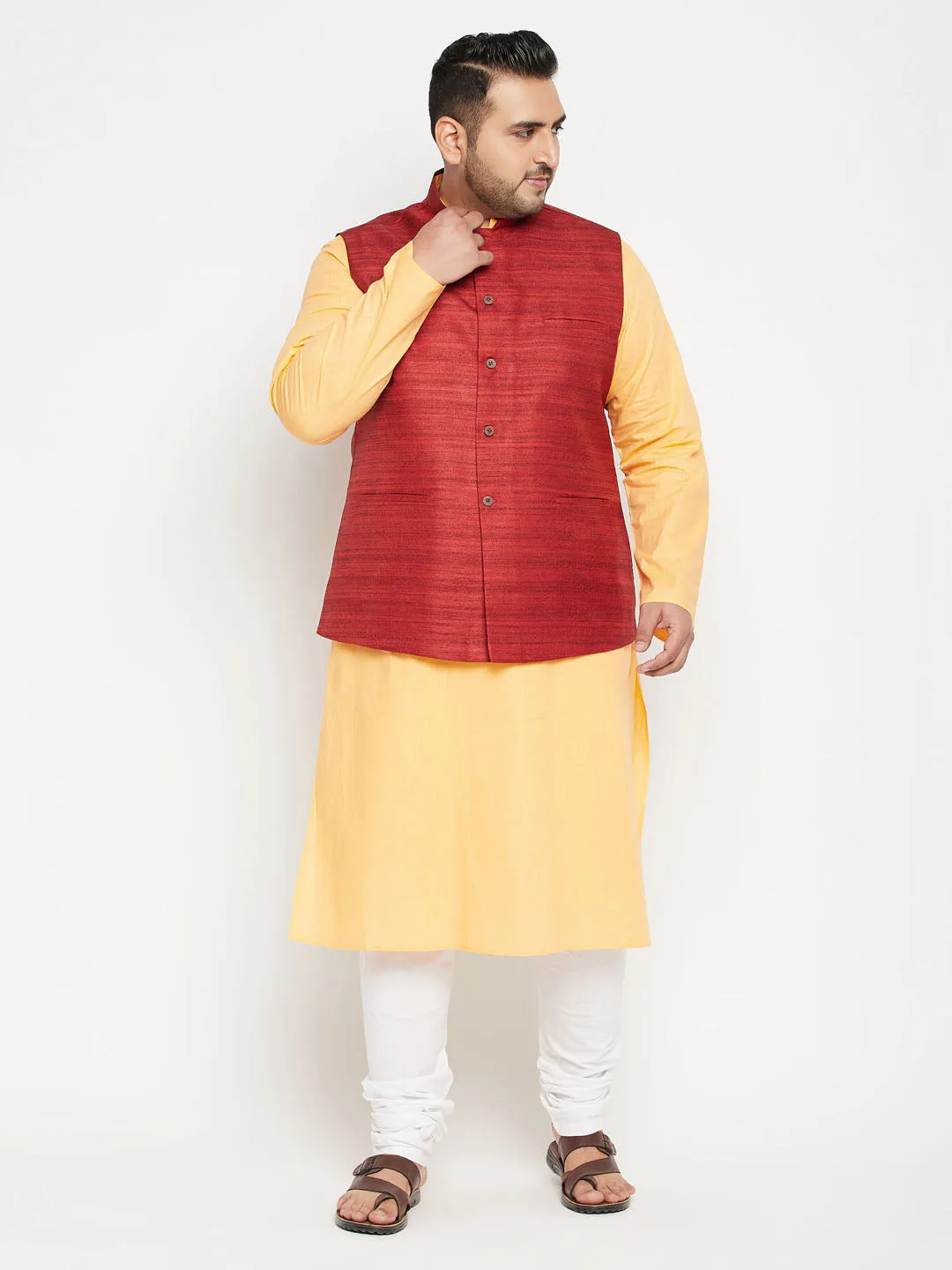 VASTRAMAY Men's Fawn Maroon Jacket Kurta