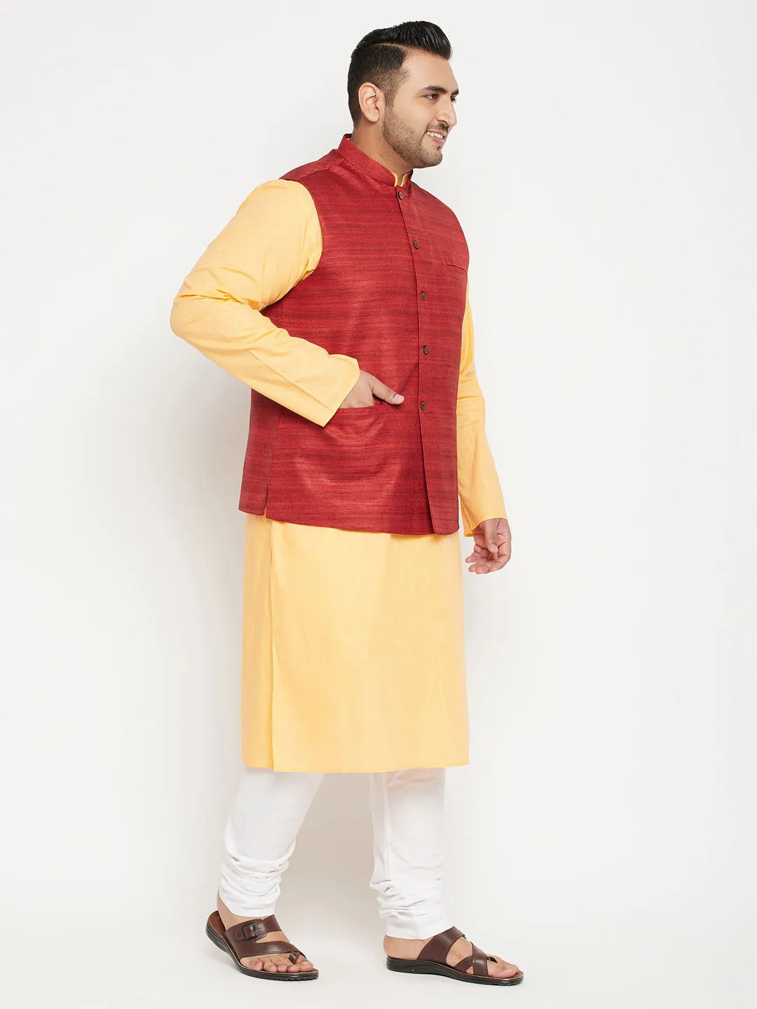 VASTRAMAY Men's Fawn Maroon Jacket Kurta