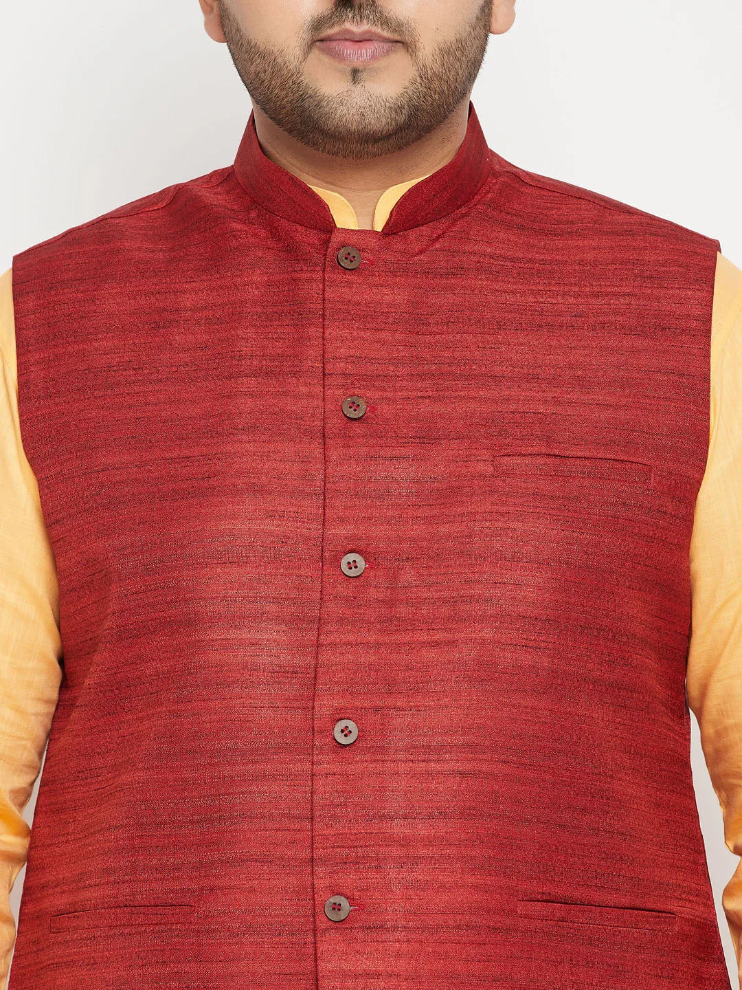 VASTRAMAY Men's Fawn Maroon Jacket Kurta