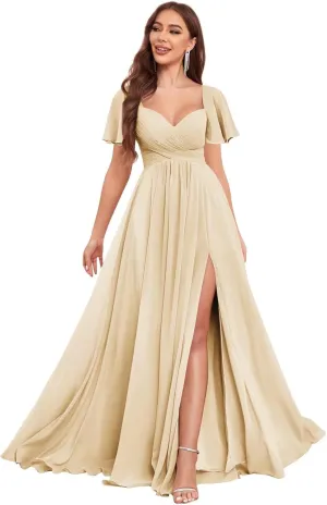 VCCICANY Chiffon Bridesmaid Dresses for Women Flutter Sleeve Pleated V Neck Long Formal Evening Gowns with Slit