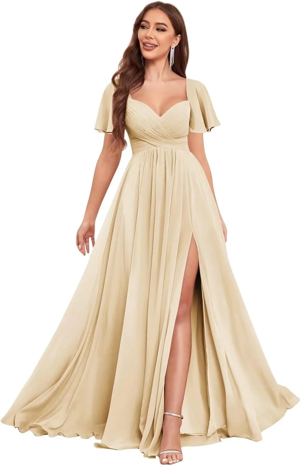 VCCICANY Chiffon Bridesmaid Dresses for Women Flutter Sleeve Pleated V Neck Long Formal Evening Gowns with Slit