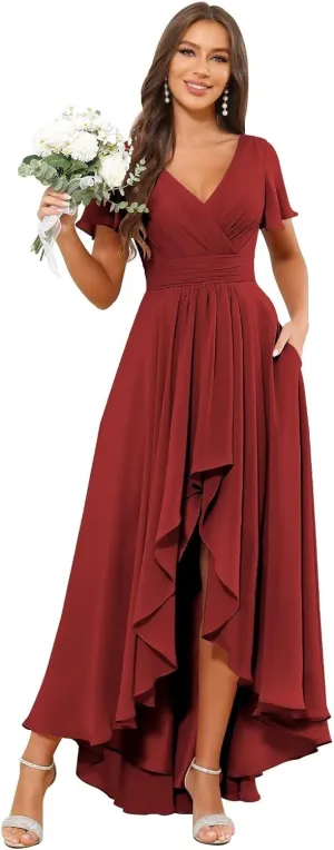 VCCICANY Short Sleeve Bridesmaid Dresses for Women Chiffon Ruffle High Low V Neck Formal Gown with Pockets