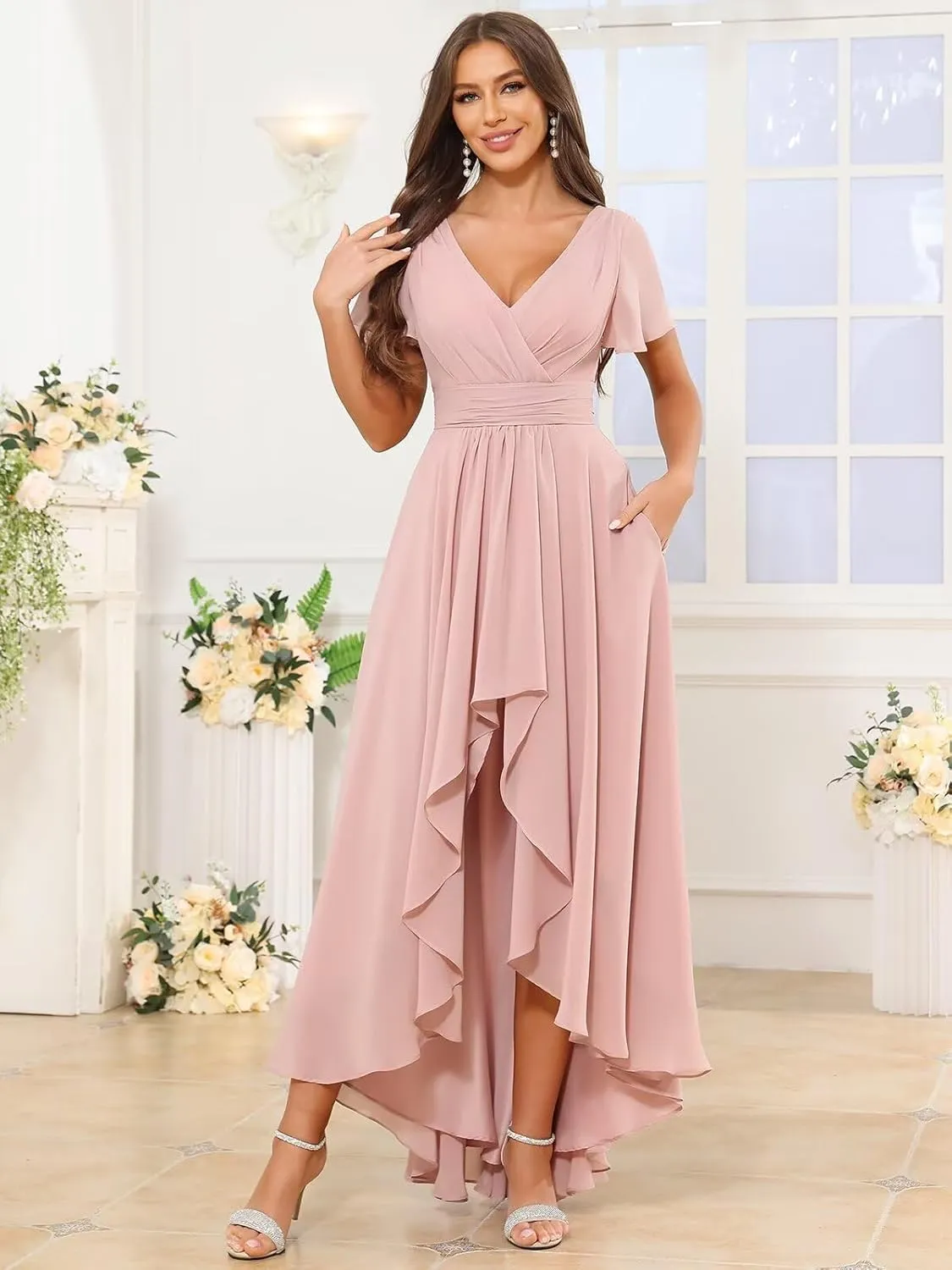 VCCICANY Short Sleeve Bridesmaid Dresses for Women Chiffon Ruffle High Low V Neck Formal Gown with Pockets